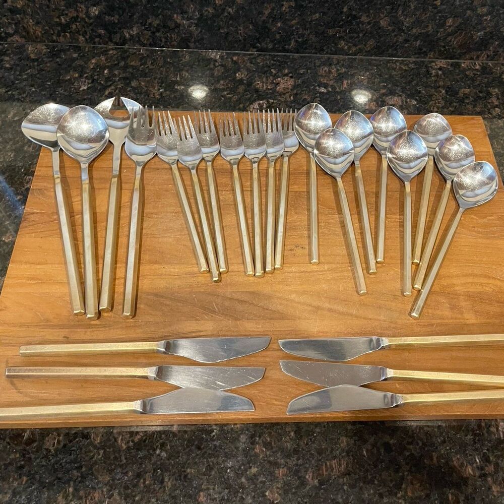 25 pc David Marshall Brutalist Flatware Cast Brass & Stainless